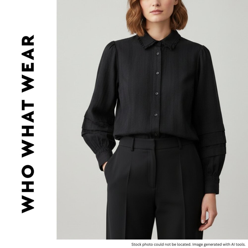 Who What Wear Women's Large Black Ruffled Peter Pan Collar Puff Sleeve Blouse
